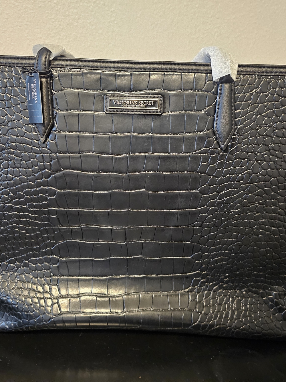 Victoria's Secret Black Croc-Embossed Tote Bag